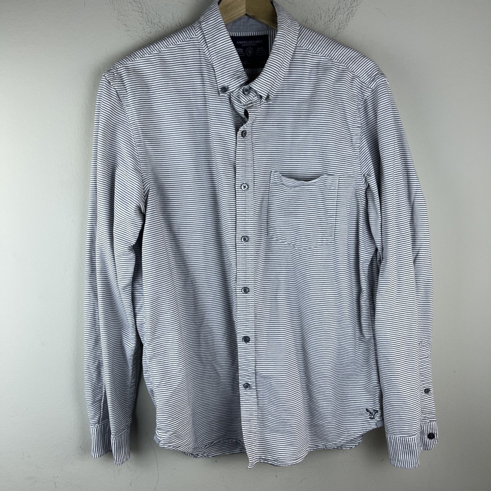American Eagle Men's Large Slim Fit Striped Button Down Shirt Long Sleeve Blue W